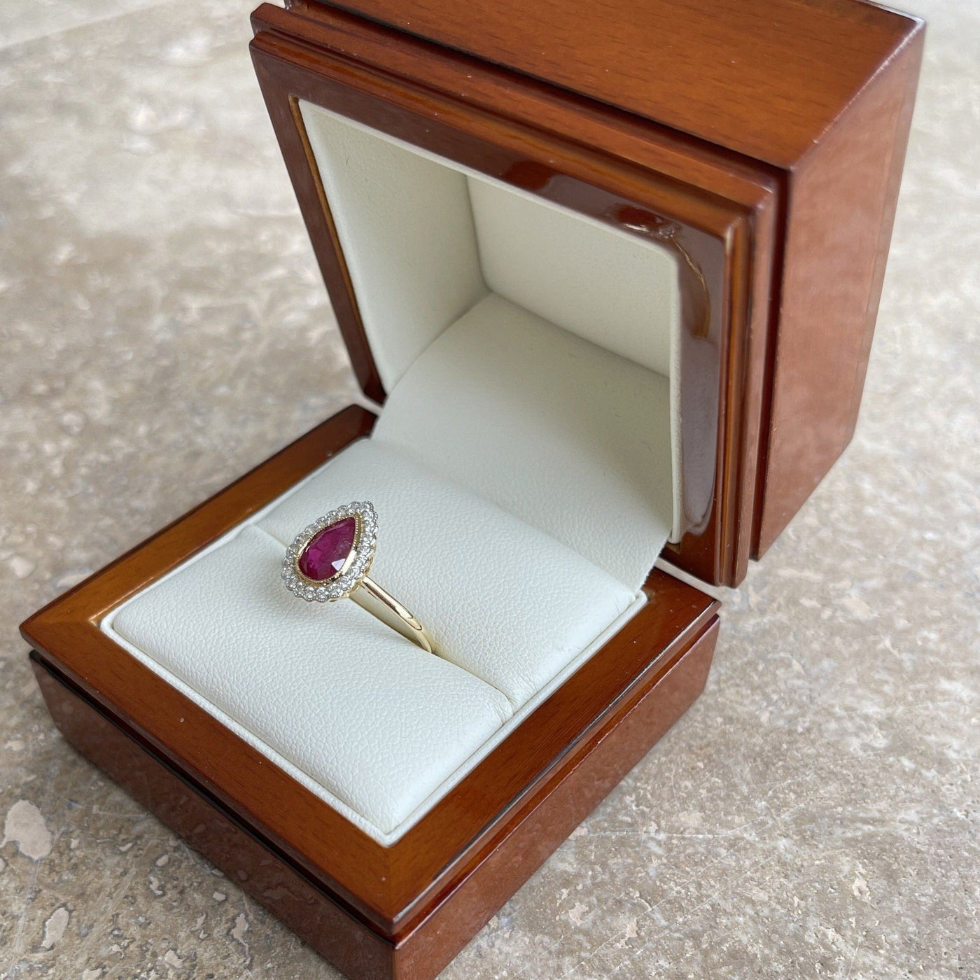 18CT Yellow Gold (NO HEAT) Pear Ruby and Diamond ring