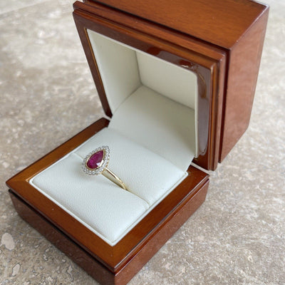 18CT Yellow Gold (NO HEAT) Pear Ruby and Diamond ring