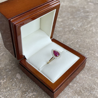 18CT Yellow Gold (NO HEAT) Pear Ruby and Diamond ring