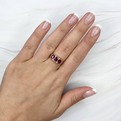 18CT Rose Gold Ruby and Diamond Trilogy Ring