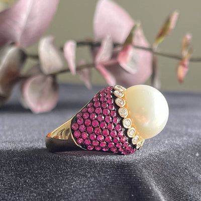 18CT Rose Gold South Sea Pearl, Ruby and Diamond Ring