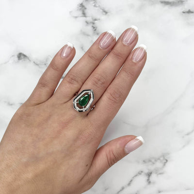 18CT White Gold Marquise Emerald Diamond and Onyx Dress Ring