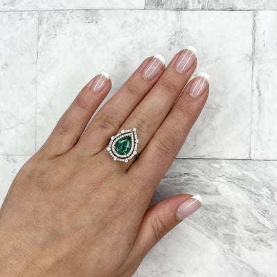 18CT White Gold Pear Emerald and Diamond Ring