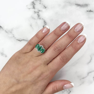 18CT White Gold Trilogy Emerald and Diamond Ring