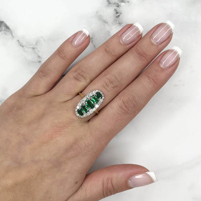 18CT Yellow Gold 5 Stone Emerald and Diamond Navette Dress Ring