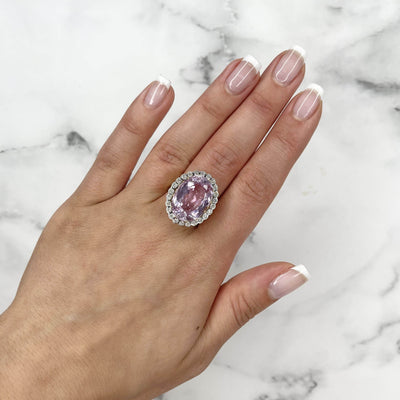 18CT Yellow Gold Pink Violet Kunzite Spodumene and Diamond ring