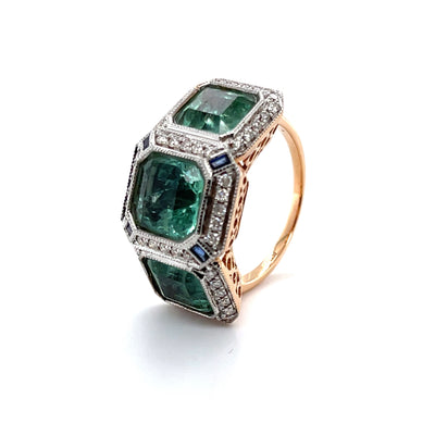 18CT rose gold Trilogy Colombian Emerald, Blue Sapphire and Diamond ring