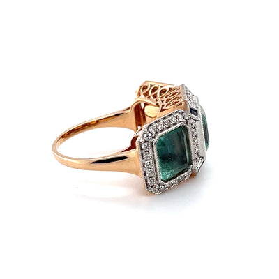 18CT rose gold Trilogy Colombian Emerald, Blue Sapphire and Diamond ring