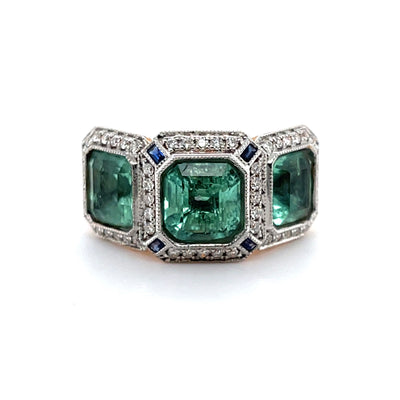 18CT rose gold Trilogy Colombian Emerald, Blue Sapphire and Diamond ring