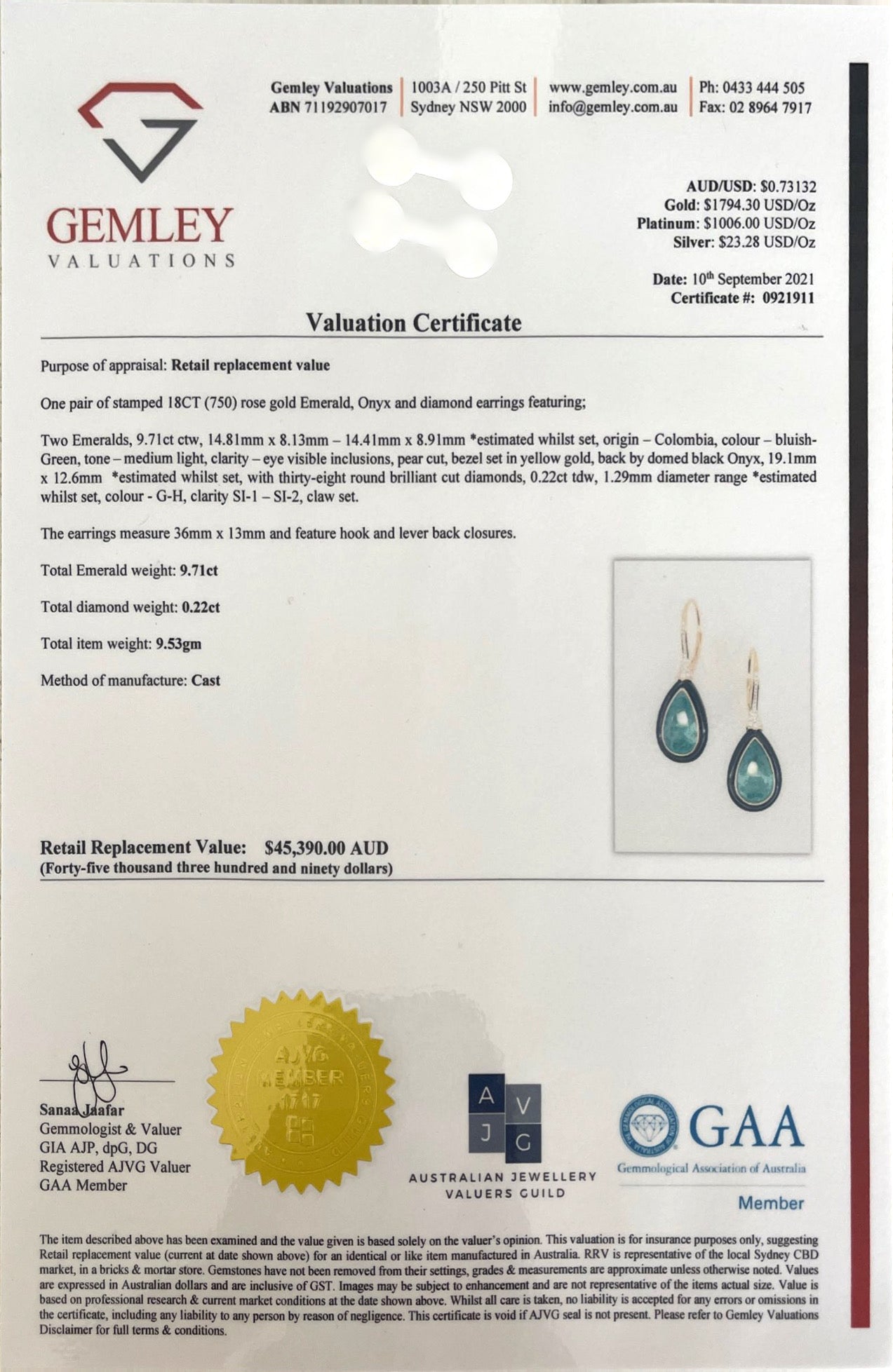 18CT rose gold colombian emerald, onyx and diamond earrings