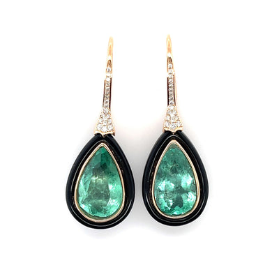 18CT rose gold colombian emerald, onyx and diamond earrings