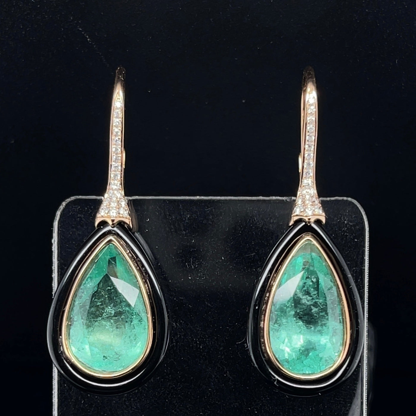 18CT rose gold colombian emerald, onyx and diamond earrings
