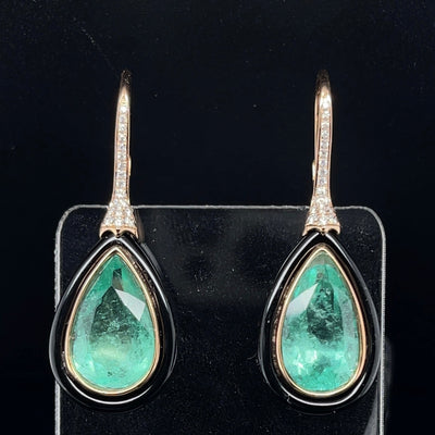 18CT rose gold colombian emerald, onyx and diamond earrings