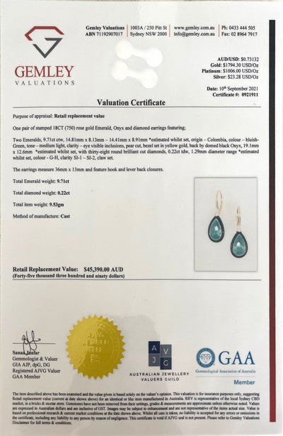 18CT rose gold colombian emerald, onyx and diamond earrings
