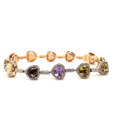 18CT rose gold multi coloured heart sapphire and diamond bracelet