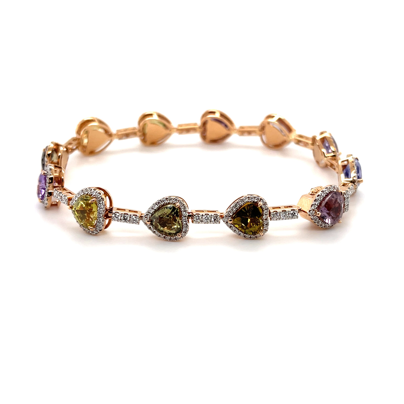 18CT rose gold multi coloured heart sapphire and diamond bracelet