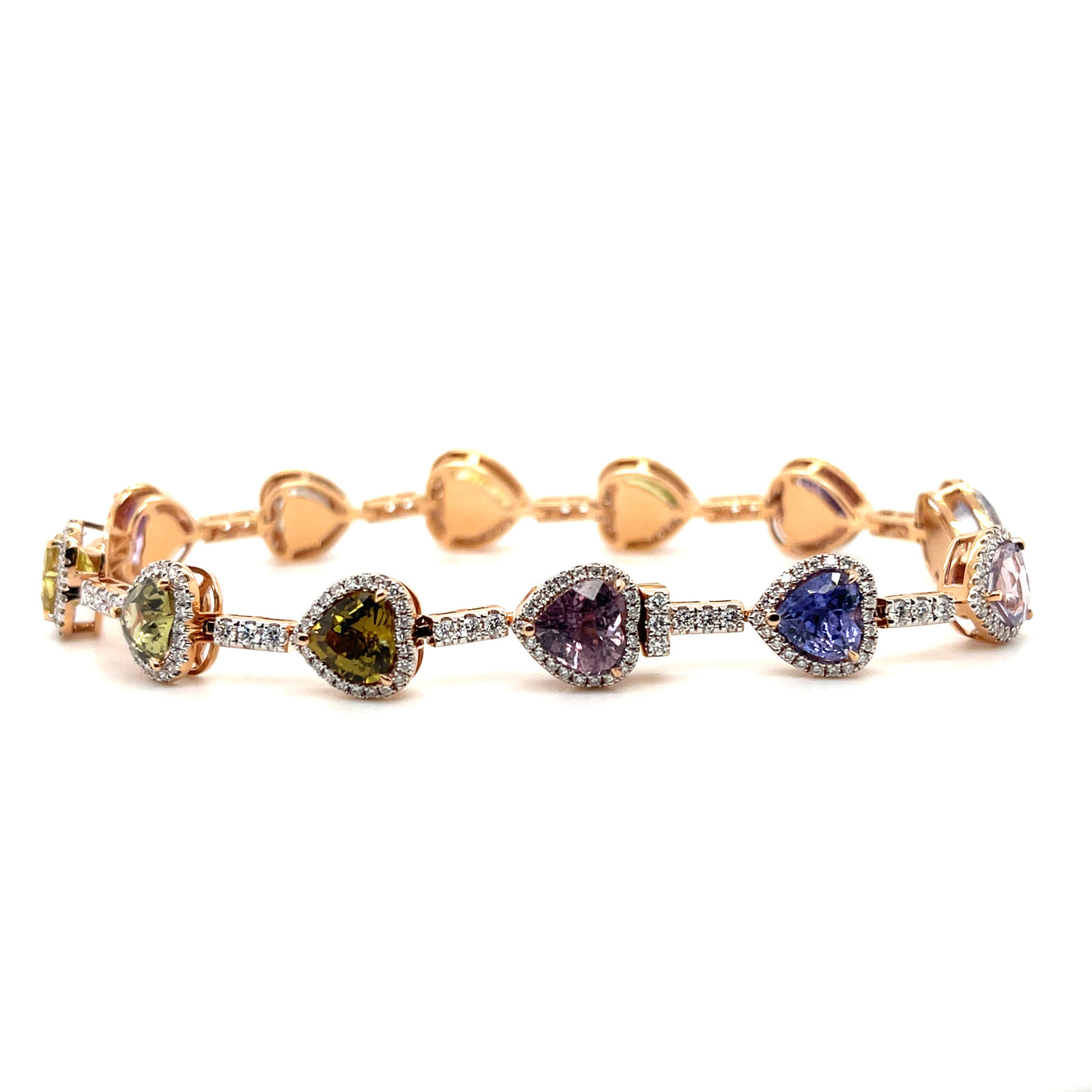 18CT rose gold multi coloured heart sapphire and diamond bracelet