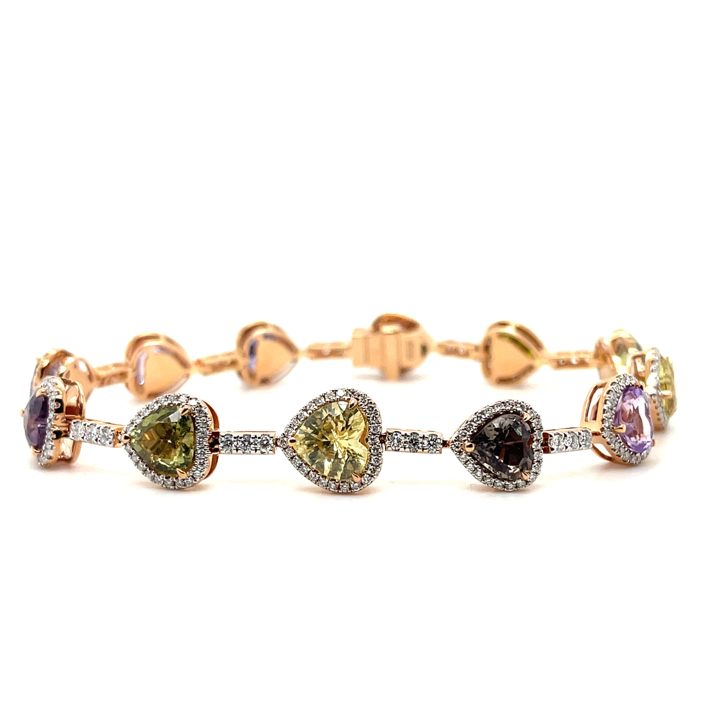 18CT rose gold multi coloured heart sapphire and diamond bracelet