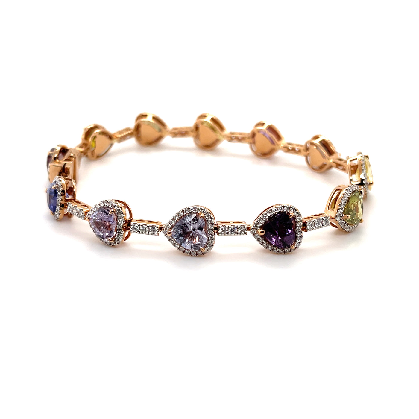 18CT rose gold multi coloured heart sapphire and diamond bracelet