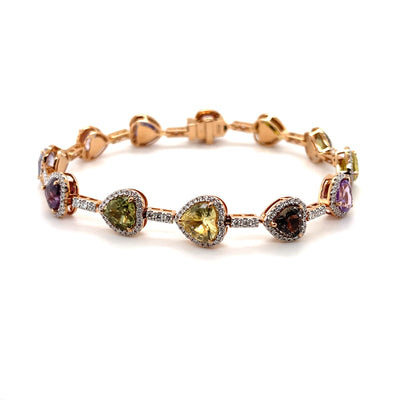18CT rose gold multi coloured heart sapphire and diamond bracelet