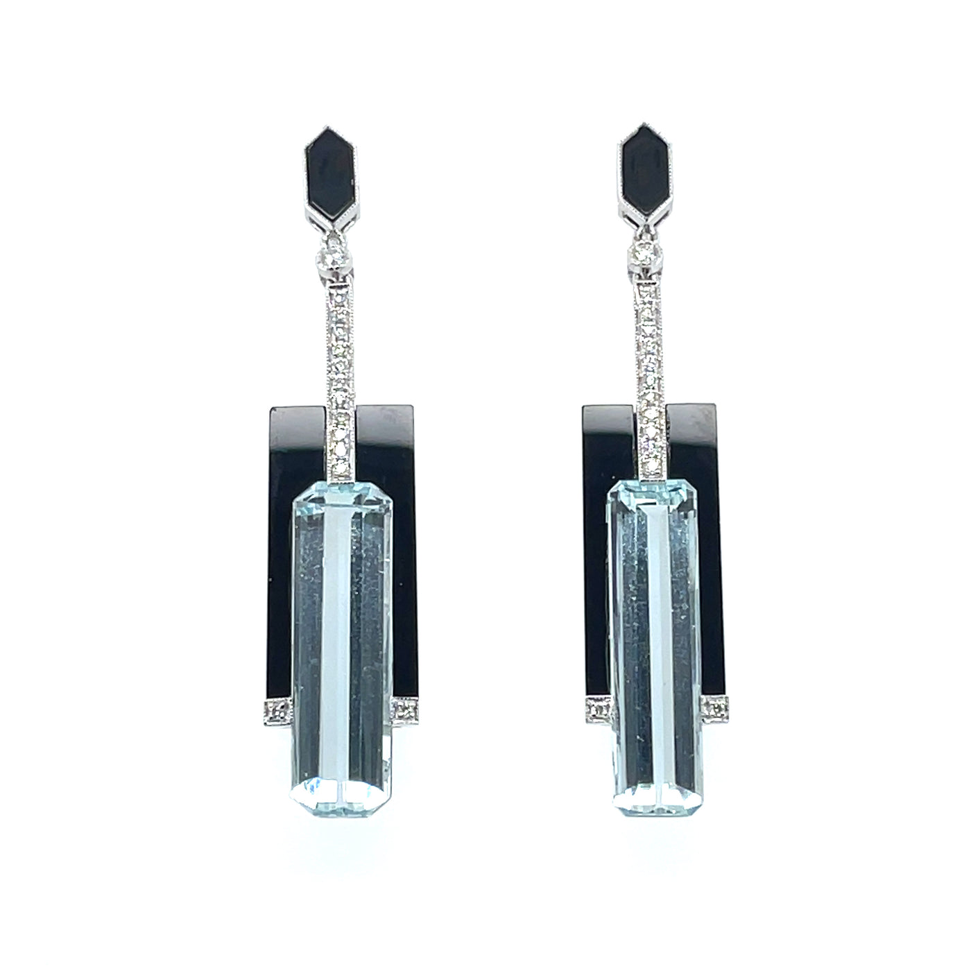 18CT white gold Aquamarine, onyx and diamond stud drop earrings