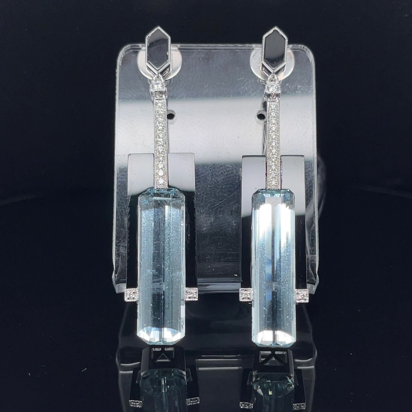18CT white gold Aquamarine, onyx and diamond stud drop earrings