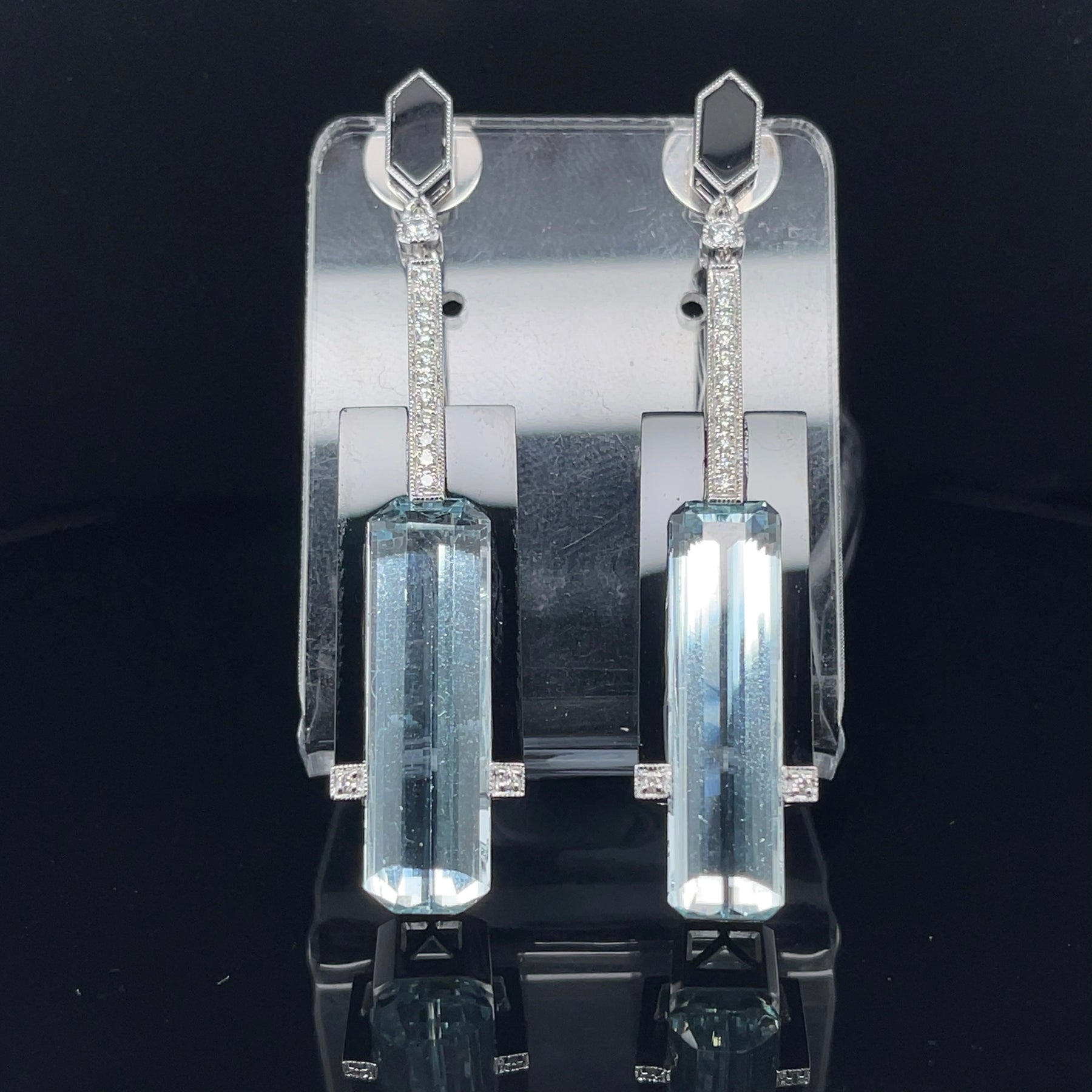 18CT white gold Aquamarine, onyx and diamond stud drop earrings ...