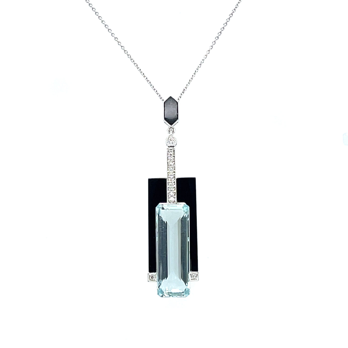 18CT white gold Aquamarine and Onyx pendant and necklace