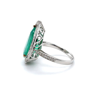 18CT white gold Colombian Pear emerald and diamond ring