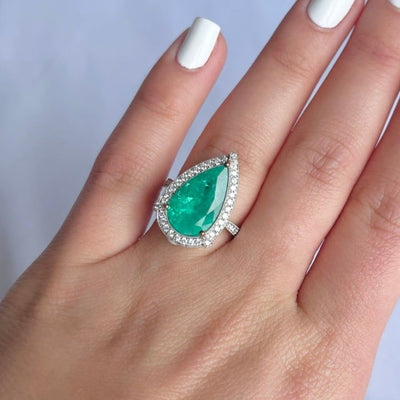 18CT white gold Colombian Pear emerald and diamond ring