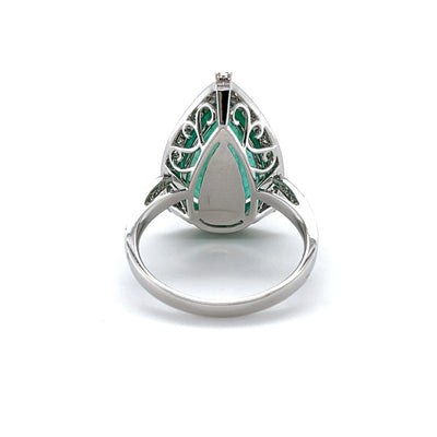 18CT white gold Colombian Pear emerald and diamond ring