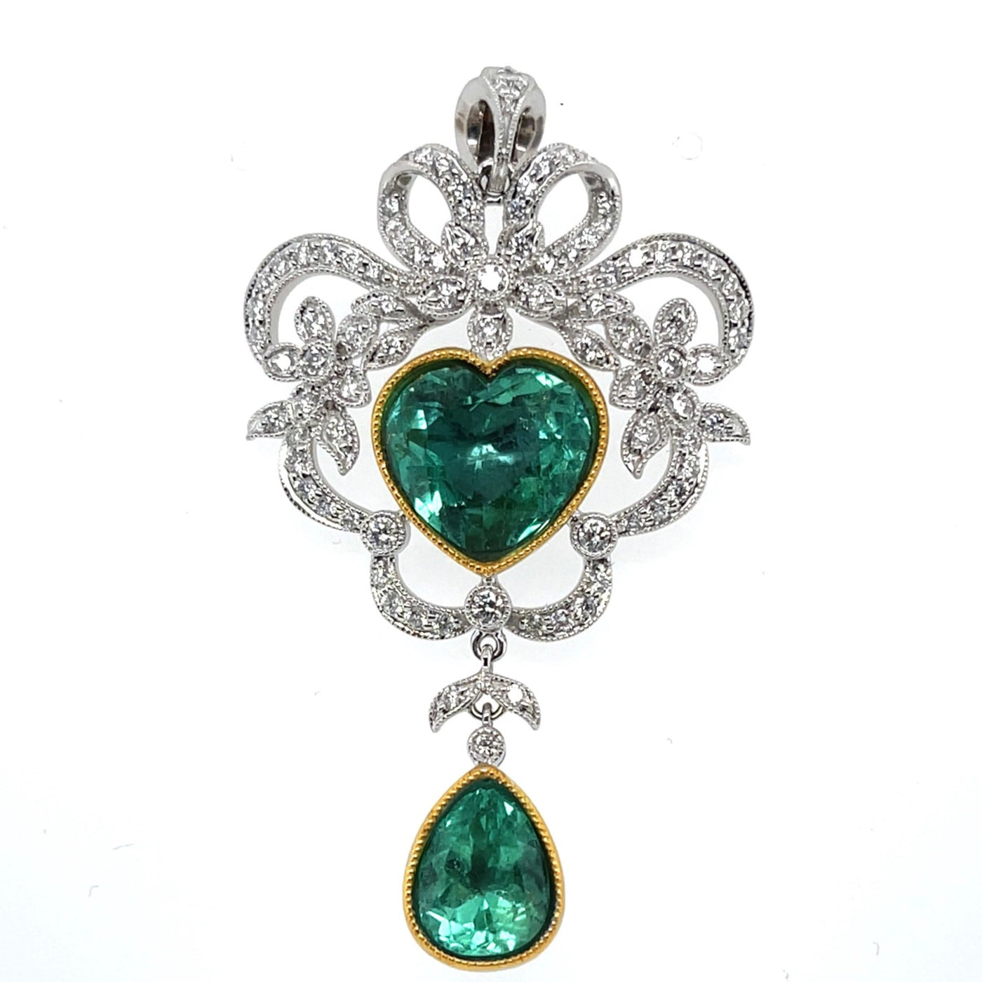 18CT white gold Colombian emerald and diamond pendant