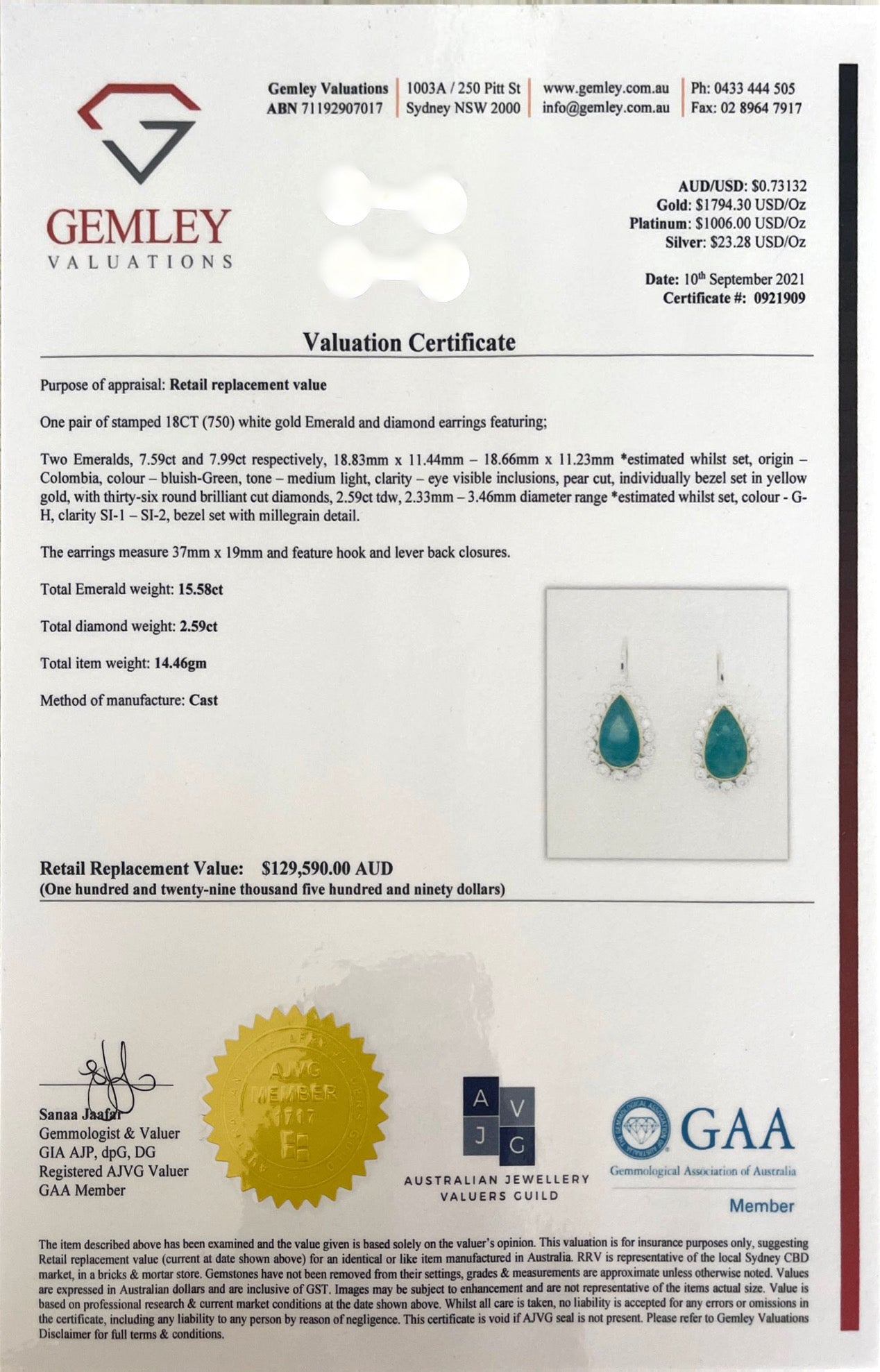 'Pear' 18CT white gold Colombian emerald and diamond earrings