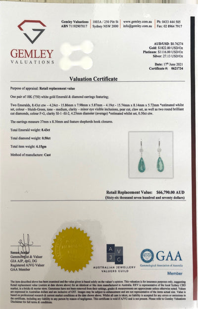 18CT white gold colombian emerald and diamond earring