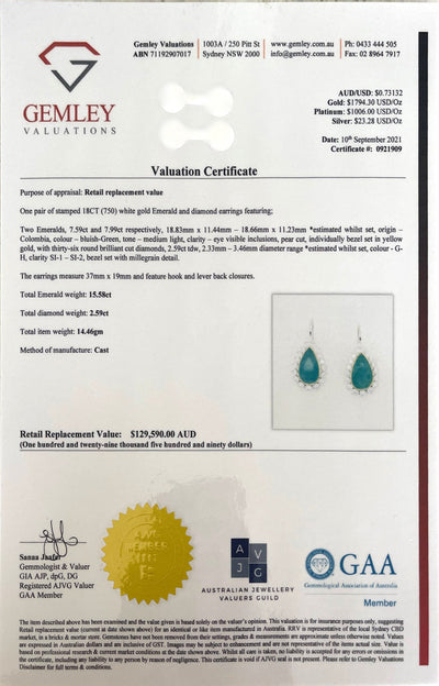 'Pear' 18CT white gold Colombian emerald and diamond earrings