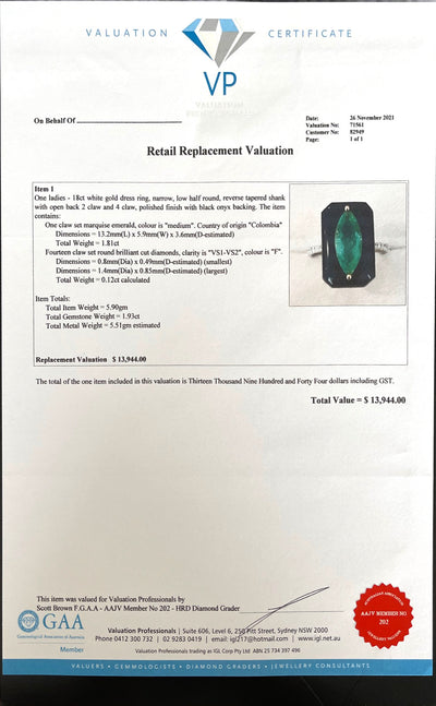 18CT white gold marquise colombian emerald, onyx and diamond ring