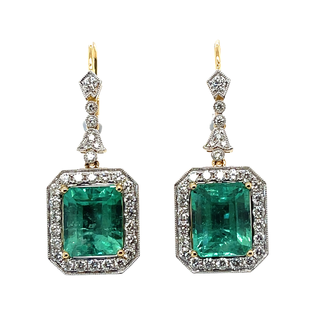 18CT yellow gold Colombian emerald and diamond earrings