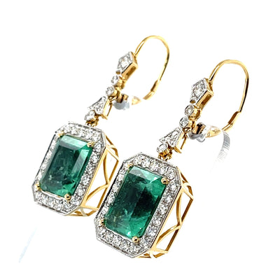 18CT yellow gold Colombian emerald and diamond earrings