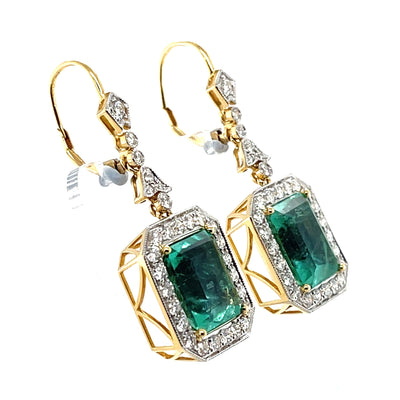 18CT yellow gold Colombian emerald and diamond earrings
