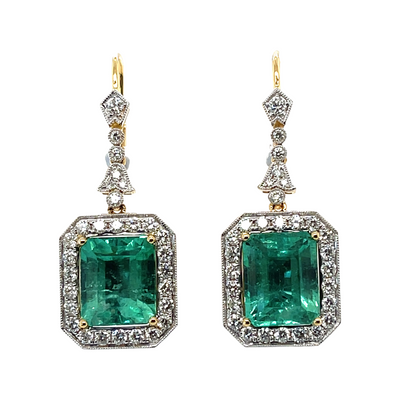 18CT yellow gold Colombian emerald and diamond earrings