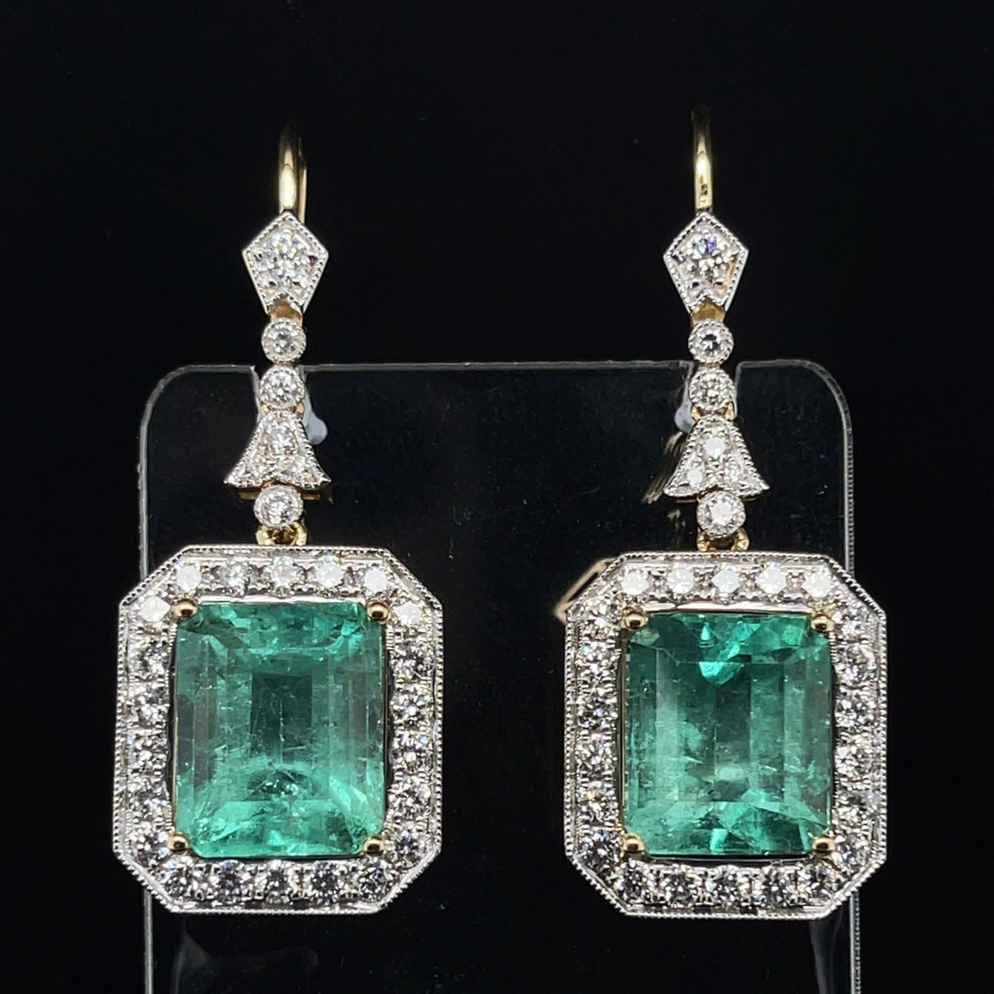 18CT yellow gold Colombian emerald and diamond earrings