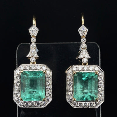 18CT yellow gold Colombian emerald and diamond earrings