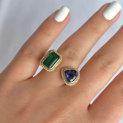 18CT yellow gold Emerald, Tanzanite and diamond open face ring