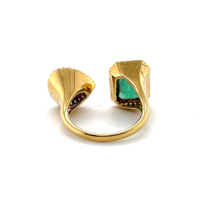18CT yellow gold Emerald, Tanzanite and diamond open face ring
