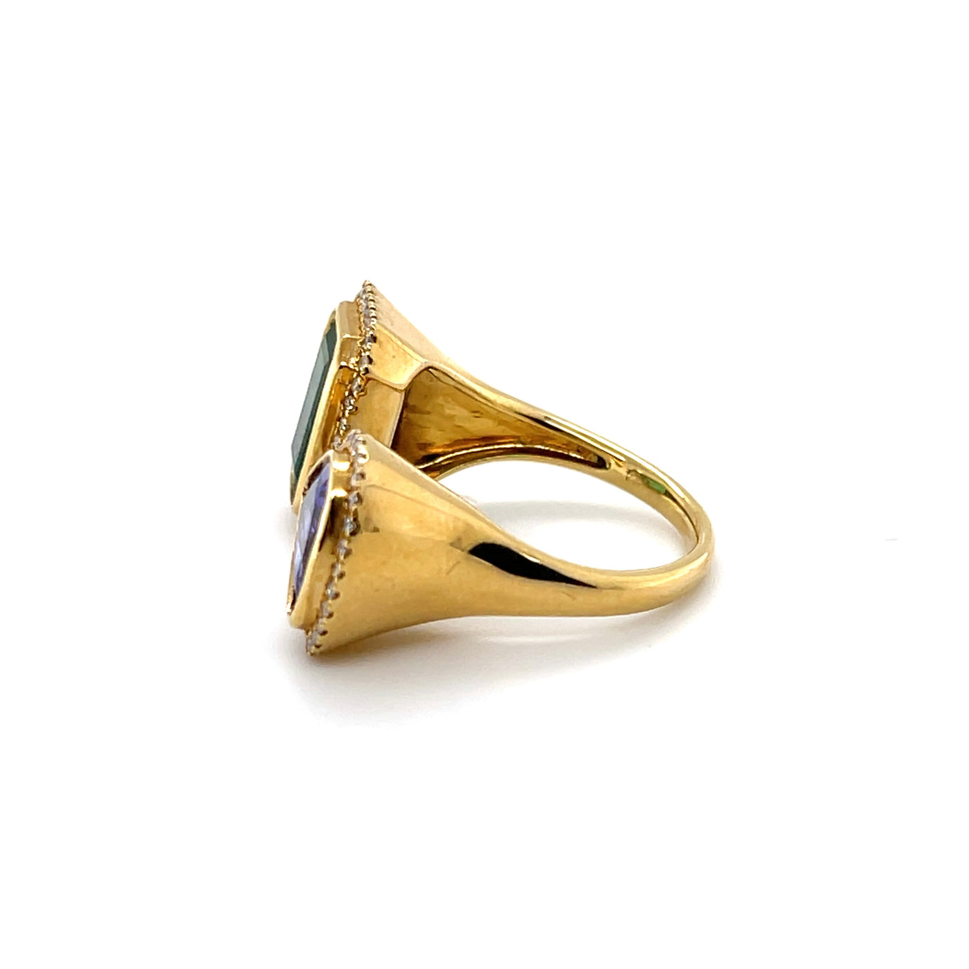 18CT yellow gold Emerald, Tanzanite and diamond open face ring