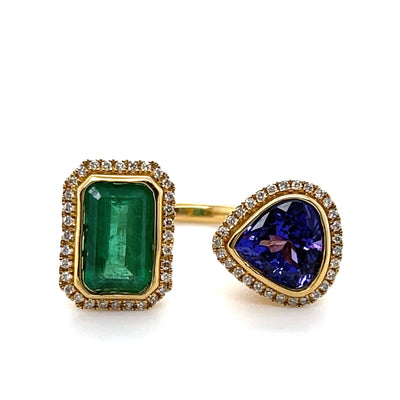 18CT yellow gold Emerald, Tanzanite and diamond open face ring