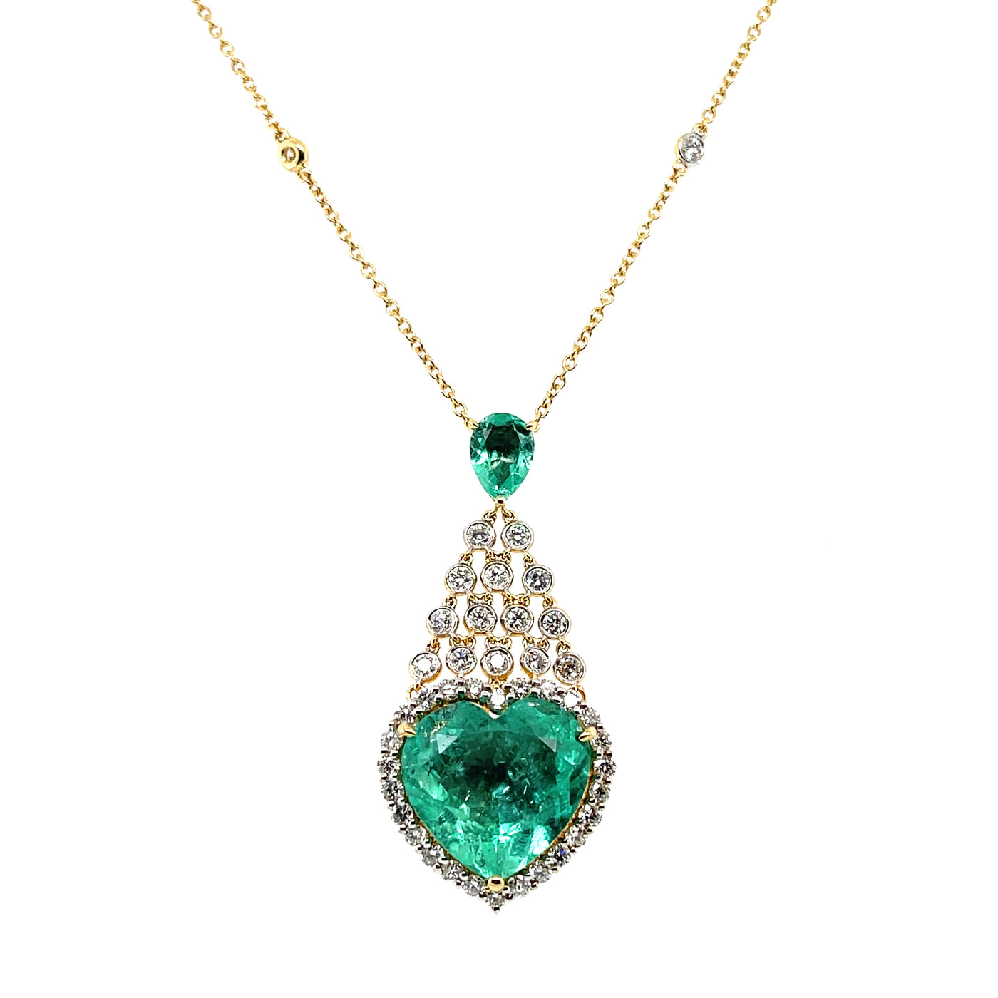 18CT yellow gold colombian emerald and diamond pendant and necklace
