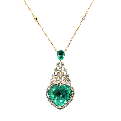 18CT yellow gold colombian emerald and diamond pendant and necklace