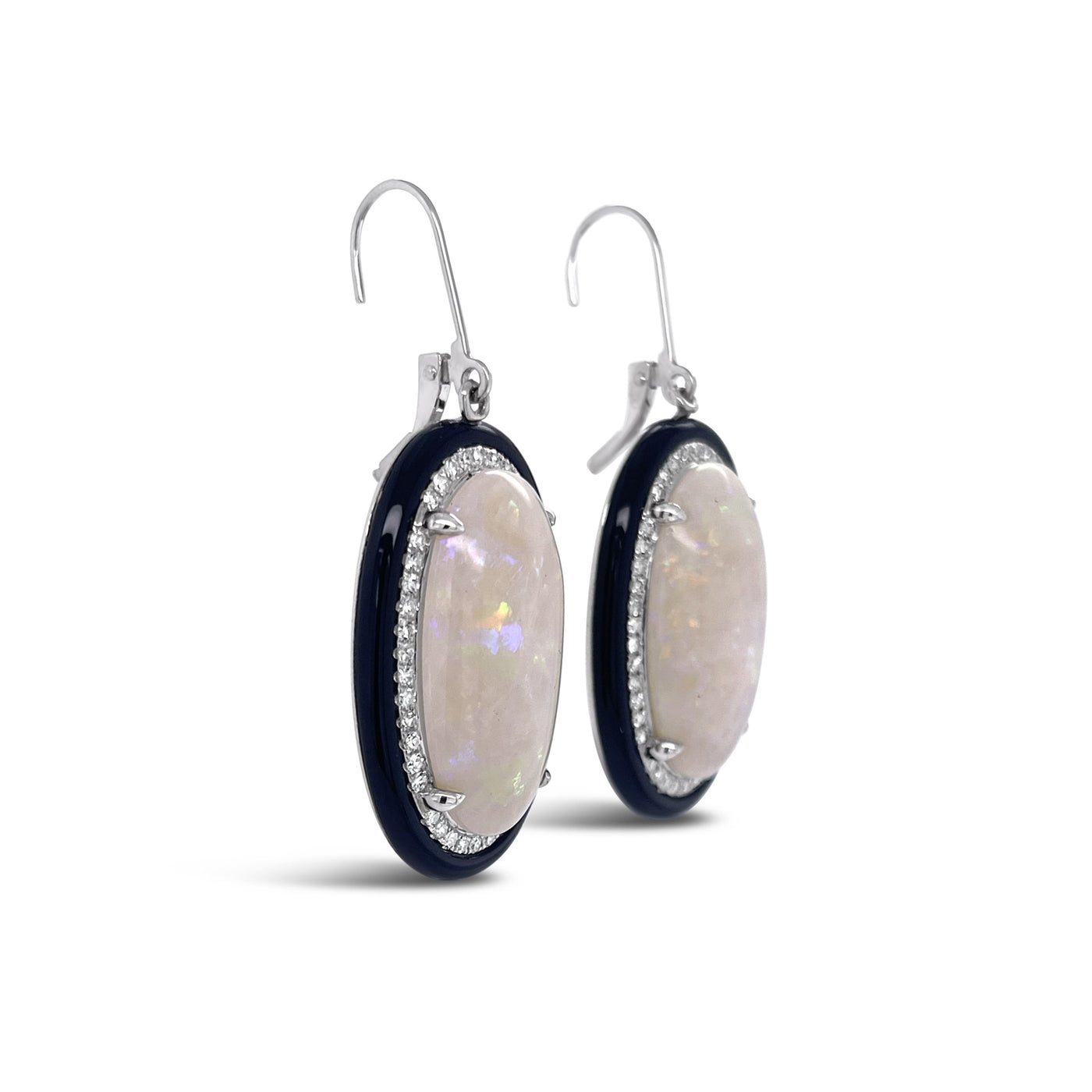 18CT White Gold Opal and Black Onyx and Diamond Earrings