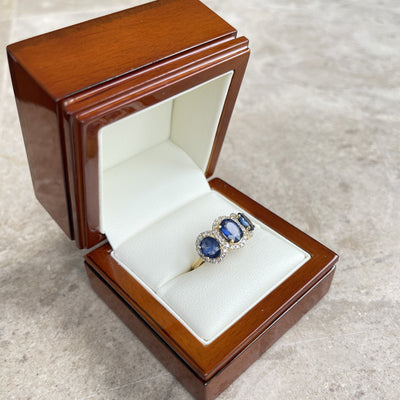 18CT Yellow Gold Trilogy Sapphire and Diamond Ring
